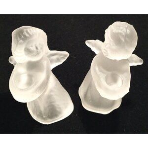 Vintage Candle Holders pairs Frosted Glass Boy Girl Angel Small 3" Tall